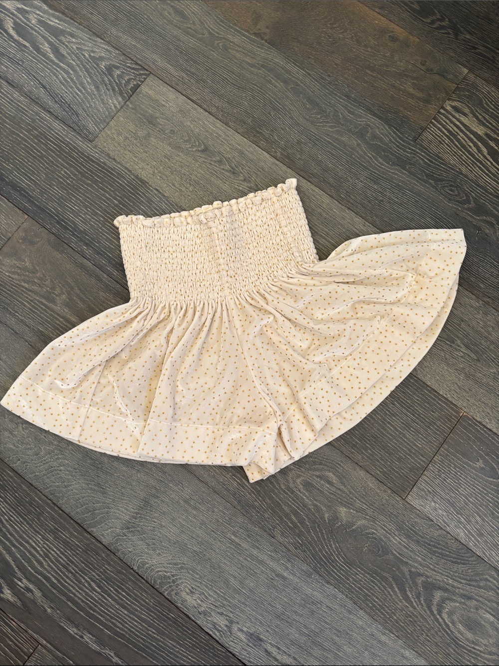 KOCH Smocked High-Waist Cream Skater Shorts with Gold Dot Print